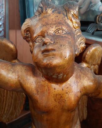 Antico Cherubino Angelo Putto in legno scolpito  