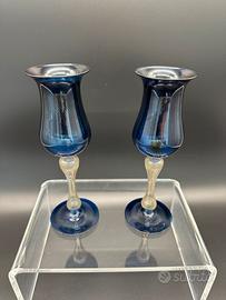 Coppia di calici vetro di Murano vintage blu/oro