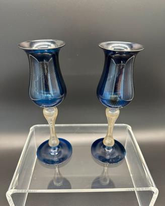 Coppia di calici vetro di Murano vintage blu/oro