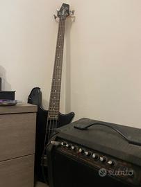 Basso elettrico con amplificatore e asta di suppor