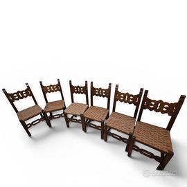 6 sedie impagliate in legno, anni '40