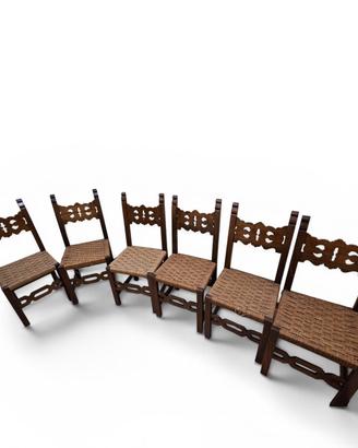 6 sedie impagliate in legno, anni '40