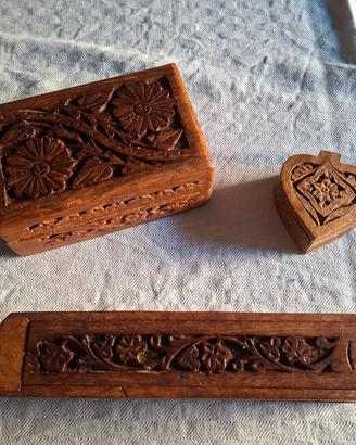 3 scatole vintage in legno intagliato