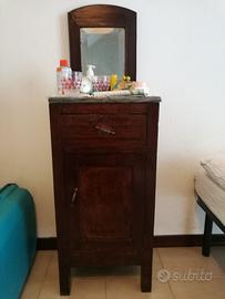 COMODINO ANTICO CON SPECCHIERA LEGNO E MARMO