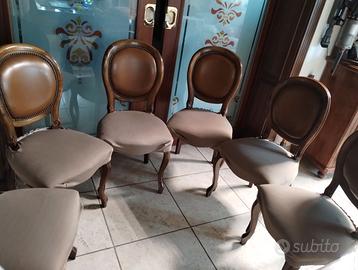 6 sedie a poltroncina in noce nazionale e pelle