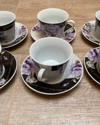 6 Tazze da tè con rose nero e lilla
