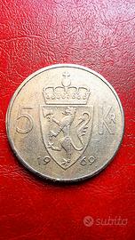 Moneta 5 Corone Norvegia Krone 1969