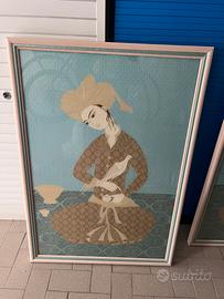 Coppia di quadri batik su seta orientale