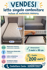 Letto singolo contenitore con materasso seminuovo