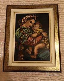 Quadro in filo di lana a mano Madonna con bambino