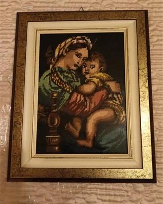 Quadro in filo di lana a mano Madonna con bambino