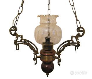 Lampadario legno vetro struttura bronzo/ottone