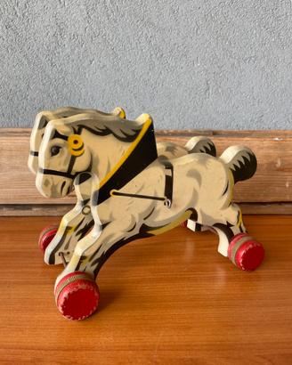 Cavallo giocattolo vintage in legno dipinto a mano
