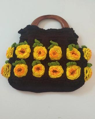 borsa marrone con girasoli con manico in legno 