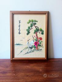 Quadro Ricamo Seta Cinese Vintage Gru e Pino