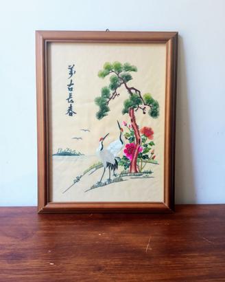 Quadro Ricamo Seta Cinese Vintage Gru e Pino