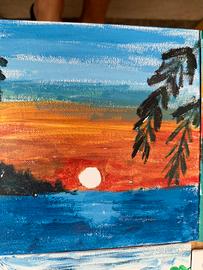 Quadro dipinto su tela - tramonto sul mare e palme
