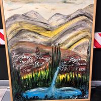 Paesaggio di montagna con villaggio e cascata