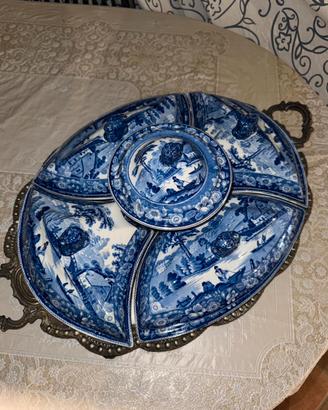 Antica Antipastiera inglese ceramica blu +Vassoio