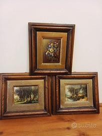 Tre quadri d'epoca cornice di legno e vetro bombat