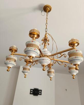 lampadario ottone cesellato e ceramica 
