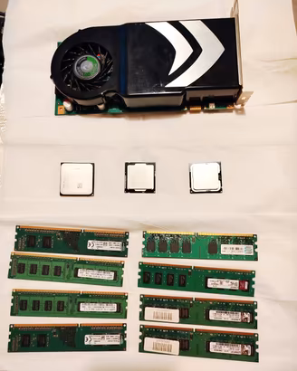 Blocco ricambi PC Vintage: GPU 9600 GT, 3 CPU, RAM