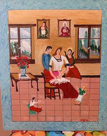 Quadro Naif L'amica del cuore. Genitori neonato.