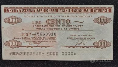Assegno Lire Cento Banche Popolari Italiane 1977