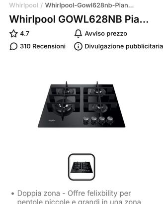 Whirlpool piano cottura 4 fuochi vetro nero