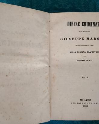 Libro Antico 1852 - Difese Criminali di G. Marocco