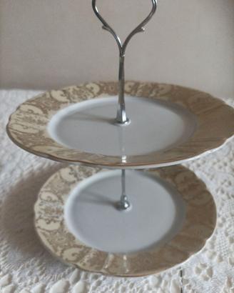Alzatina elegante 2 piani bianco e oro con asta ar