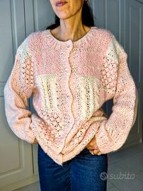 Cardigan Vintage rosa traforato lavorato a mano