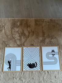 Trittico 3 Quadri Gatti Minimal 30x40