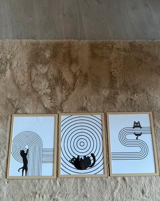 Trittico 3 Quadri Gatti Minimal 30x40