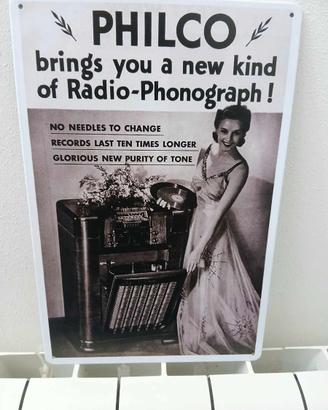 Cartello in Metallo retrò di Philco Radio Phono