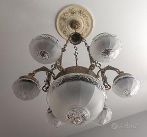 Lampadario Antico Liberty / Art Déco Ottone Vetro