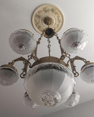 Lampadario Antico Liberty / Art Déco Ottone Vetro