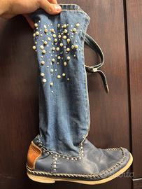 Stivali hector Riccione denim e pelle con perle