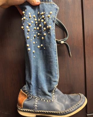 Stivali hector Riccione denim e pelle con perle