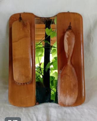 Antico set spazzole per abiti legno con specchio 