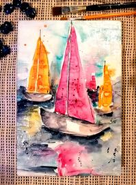 quadro acquerello mare con barche a vela