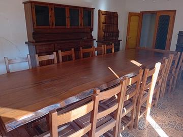 TAVOLO MASSICCIO IN LEGNO TEAK CON SEDIE E PANCHE