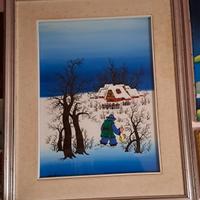 quadro blu, Naif, paesaggio innevato 