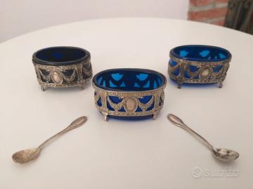 3 Saliere francesi antiche in Argento e vetro