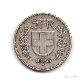 SVIZZERA 1933 - Moneta 5 Franchi argento #WEU