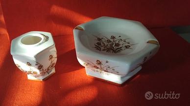 Set da fumo vintage ceramica bianca e oro decoro f