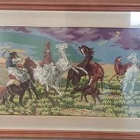 Quadro grande ricamato punto croce cornice legno 