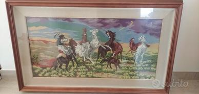 Quadro grande ricamato punto croce cornice legno 