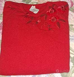 Maglia maglietta donna rossa con ricamo vintage