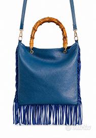 Borsa vera pelle blu George J Love frange
